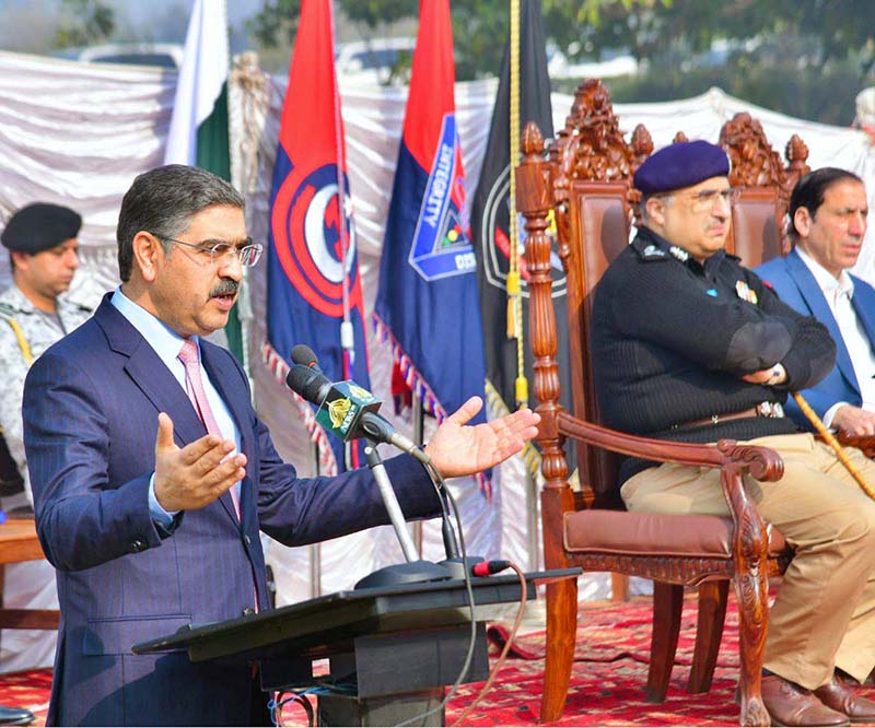 Caretaker Prime Minister Anwaar-ul-Haq Kakar addresses the KP Police Darbar Ceremony
