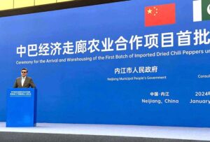 Ambassador of Pakistan to China, Mr. Khalil Hashmi addressing a ceremony arranged by the city government of Neijiang city, celebrating the arrival of the first batch of 182 tons of Pakistani dry chilies