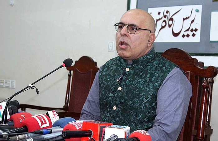 Balochistan Caretaker Minister for Information Jan Achakzai talking to media persons.