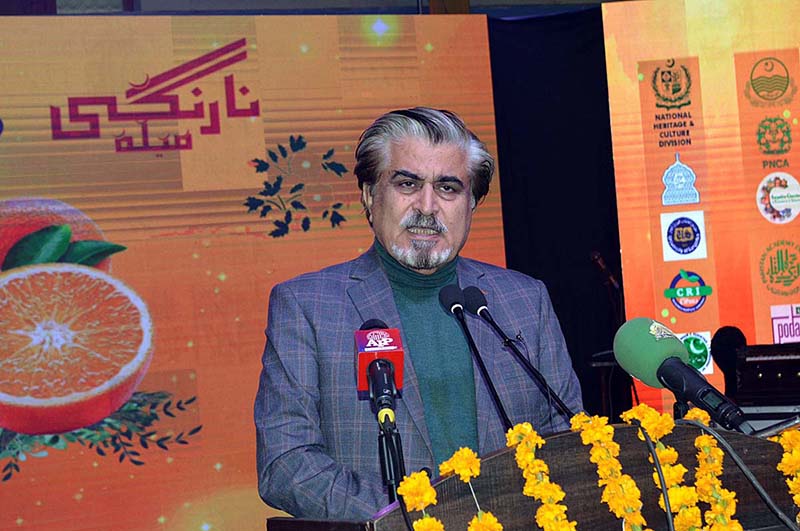 Caretaker Federal Minister for Culture Syed Jamal Shah Addressing the opening ceremony of the two-day Orange Mela organized by Lock versa At Sargodha Arts Council