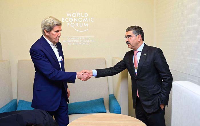 Caretaker Prime Minister Anwaar-ul-Haq Kakar meets U.S. Presidential special envoy on Climate John Kerry on the sidelines of the World Economic Forum.