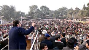 Chairman Pakistan People’s Party Bilawal Bhutto Zardari addressing to public gathering during Election Campaign at Hockey Ground
