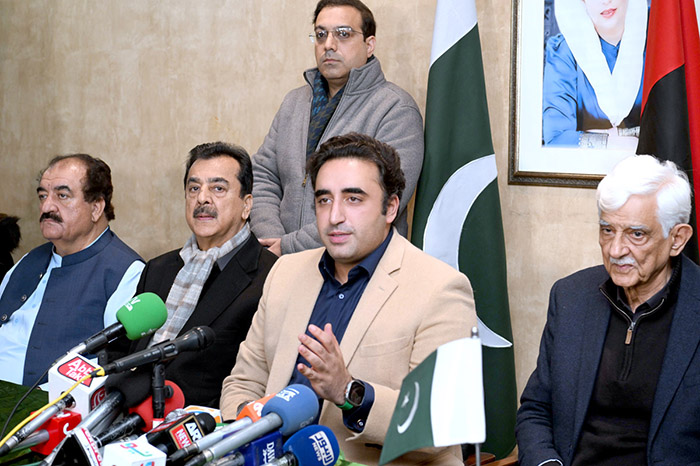 Chairman Pakistan People’s Party, Bilawal Bhutto Zardari addressing a press conference after PPP CEC meeting at Bilawal