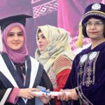 Vice Chancellor Shaheed Mohtarma Benazir Bhutto Medical University Prof. Dr. Nusrat Shah awarding gold medal among the position holder doctors during 5th convocation of SMBBMUL