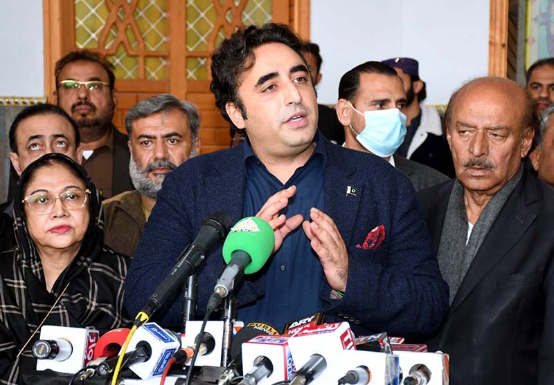 Chairman Pakistan People’s Party Bilawal Bhutto Zardari addressing a Press Conference at Gopang House Miro Khan