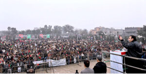 Chairman PPP Bilawal Bhutto Zardari addressing a public gathering at Hockey Stadium
