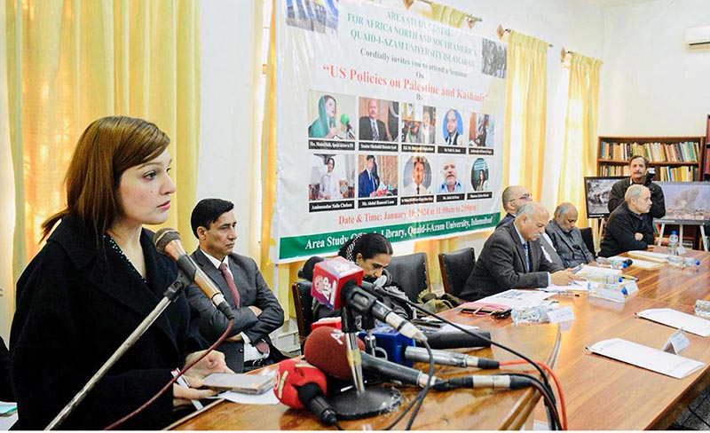 Special Assistant to Prime Minister for Human Rights and Women Empowerment Mushaal Hussein Mullick addressing a seminar on "US policies on the issues of Kashmir and Palestine" organized by Area Study Center for Africa, North and South America, Quaid-e-Azam University