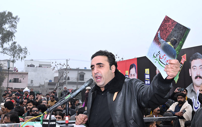 Chairman PPP Bilawal Bhutto Zardari addressing a public gathering at Hockey Stadium