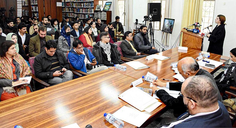 Special Assistant to Prime Minister for Human Rights and Women Empowerment Mushaal Hussein Mullick addressing a seminar on "US policies on the issues of Kashmir and Palestine" organized by Area Study Center for Africa, North and South America, Quaid-e-Azam University