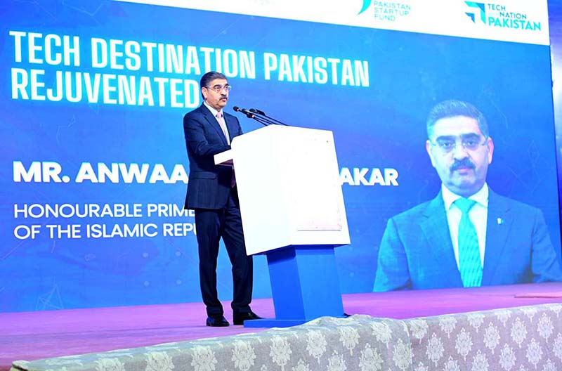 Caretaker Prime Minister Anwaar-ul-Haq Kakar addresses the Tech Destination Pakistan Ceremony