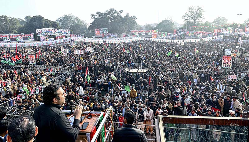 Chairman PPP Bilawal Bhutto Zardari addressing a public gathering at Hockey Stadium Tandlianwala
