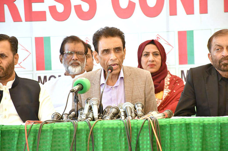 Convener of Muttahida Qaumi Movement Pakistan Dr. Khalid Maqbool Siddiqui addressing press conference at MQM Pakistan Central Election Office Pakistan House