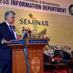 Mr. Murtaza Solangi, Caretaker Federal Minister for Information and Broadcasting addressing a Seminar titled "Pakistan Election 2024: The Economic Reforms Agenda of Political Parties." The Seminar was organized by Press Information Department