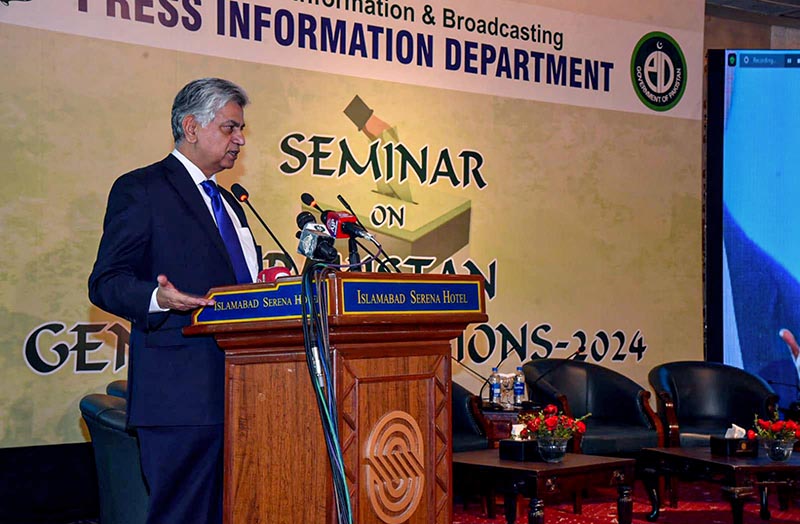 Mr. Murtaza Solangi, Caretaker Federal Minister for Information and Broadcasting addressing a Seminar titled "Pakistan Election 2024: The Economic Reforms Agenda of Political Parties." The Seminar was organized by Press Information Department