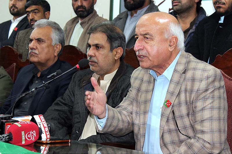 National Party’s Chief Dr. Abdul Malik Baloch addressing press conference regarding upcoming election in Quetta Press Club