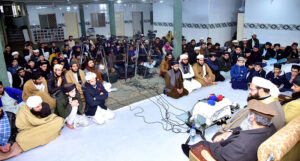 Special Representative to the Prime Minister for Religious Harmony & Islamic Countries and Chairman Pakistan Ullema Council Hafiz Tahir Mahmood Ashrafi addressing the religious scholars and students at Rawalpindi Jamia Masjid