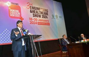 Federal Minister of Commerce, Industries and Investments, Dr. Gohar Ejaz addressing the Engineering & Healthcare Show 2024 at Expo Center Johar Town