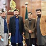 Chief Minister of Gilgit-Baltistan Haji Gulbar Khan, Provisional Minister Finance Muhammad Ismail and Member GB Assembly, Amjad Hussain Adv in a group photo with Musa Ali, who traveled from near Siachen to Islamabad on a horse with the message of peace.