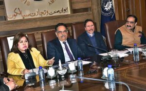 Vice Chancellor of Government College Women University, Professor Dr. Zareen Fatima Rizvi, addressing MOU Signing Ceremony between GC Women's University and Chamber of Commerce.