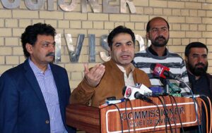 District Monitoring Officer Quetta, Subhan Dashti addressing a press conference at Commissioner Office