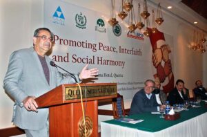 Federal Minister for Religious Affairs and Interfaith Harmony, Aneeq Ahmed addressing a seminar titled Promoting Peace, Interfaith and Social Harmony.