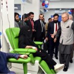 President Dr. Arif Alvi enquiring after the health of patients during his visit to the Sundas Foundation Karachi Centre, providing blood and hematological services to patients