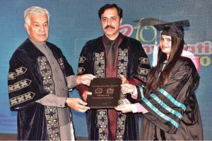 PML-N leader Khawaja Muhammad Asif distributing certificates and shields among students eve on the 10th Convocation Ceremony of Shadab Girls College