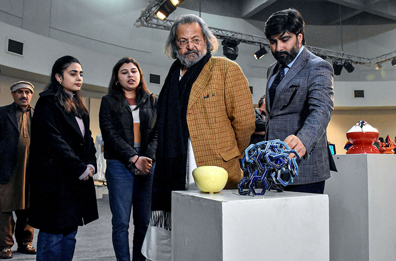 Federal Minister for Education and Professional Training Madad Ali Sindhi receive a souvenir to the Vice Chancellor, Pakistan Institute of Fashion and Design (PIFD) Hina Tayyaba Khalil during visit at the Pakistan Institute of Fashion and Design