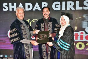 PML-N leader Khawaja Muhammad Asif distributing certificates and shields among students eve on the 10th Convocation Ceremony of Shadab Girls College