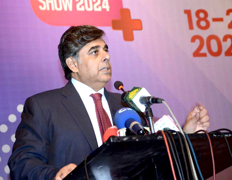 Federal Minister for Commerce, Industries and Investments, Dr. Gohar Ejaz addressing the audience at the 3rd Engineering and Healthcare Show at the Expo Center