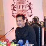 Atif Rana the owner of Lahore Qalandar is addressing a press conference at a local hotel.