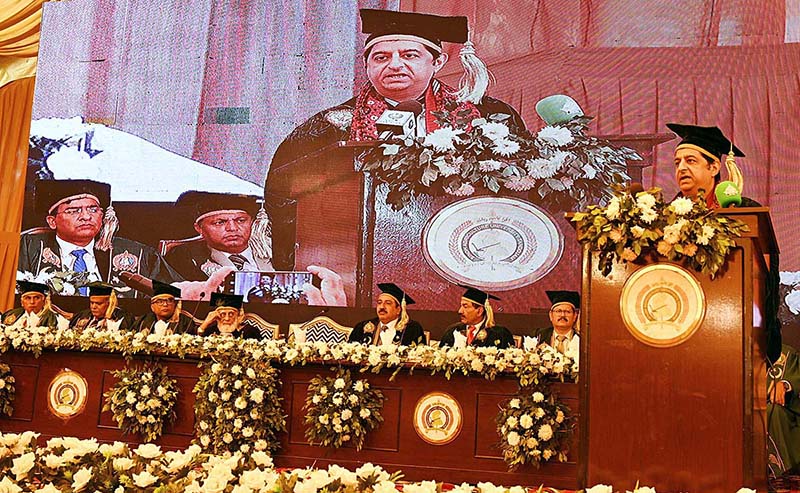 Caretaker minister for Tourism and Environment Arshad Wali Muhammad confers Gold Medal to a graduate during the 12th Convocation of Sindh Agriculture University Tandojam