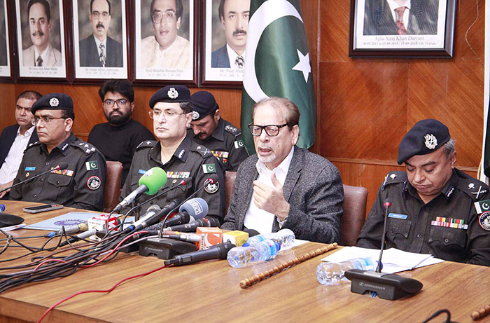 Caretaker Sindh Information, Minorities Affairs and Social Welfare Ahmed Shah, IG Sindh Khadim Hussain Rind addressing a press conference at old Sindh Assembly building.