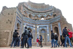 Visitors enjoying the view of world heritage site of Uch Sharif. The Tomb of Bibi Jawindi is one of the five monuments in Uch Sharif that are on the tentative list of the UNESCO World Heritage Sites. Dating back to the 15th century, the shrine was built in the spirit of the historical Sufi premier Bibi Jawindi of the Suhrawardiyyah order, a strictly hegemonistic Sunni school of theosophical thought which puts particular emphasis on the Shafi’i school of classical jurisprudence in the context of its interpretation of the Sharia. Jaw Indo was great-granddaughter to Jahaniyan Jahangasht, a famous Sufi saint in his own right