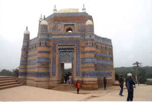 Visitors enjoying the view of world heritage site of Uch Sharif. The Tomb of Bibi Jawindi is one of the five monuments in Uch Sharif that are on the tentative list of the UNESCO World Heritage Sites. Dating back to the 15th century, the shrine was built in the spirit of the historical Sufi premier Bibi Jawindi of the Suhrawardiyyah order, a strictly hegemonistic Sunni school of theosophical thought which puts particular emphasis on the Shafi’i school of classical jurisprudence in the context of its interpretation of the Sharia. Jaw Indo was great-granddaughter to Jahaniyan Jahangasht, a famous Sufi saint in his own right