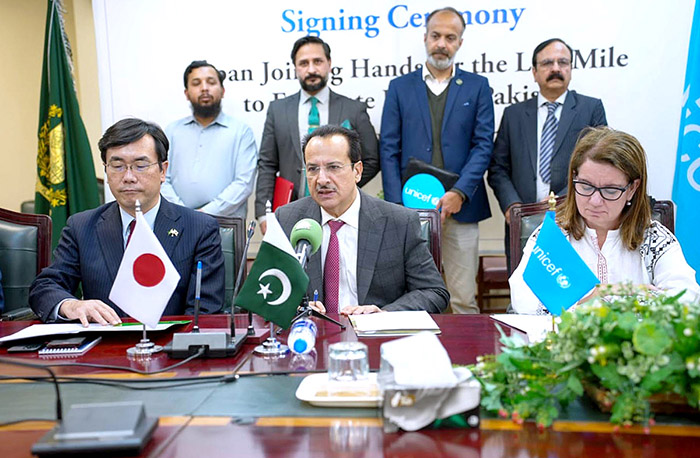 Caretaker Federal Minister for National Health Services, Regulations and Coordination, Dr. Nadeem Jan witnesses the grant signing ceremony between Pakistan and Japan to support Pakistan's Polio Programme.