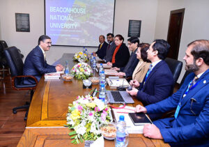 Caretaker Prime Minister Anwaar-ul-Haq Kakar being briefed by the Vice Chancellor Dr. Moeed Yousaf and the faculty during his visit to the Beaconhouse National University.