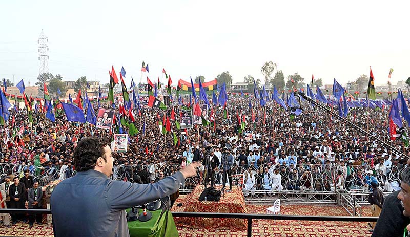 Chairman Pakistan People’ Party Bilawal Bhutto Zardari addressing to public gathering during Election Campaign at Tharo Shah Bypass