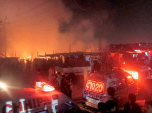 The terrifying scene of the fire engulfing the old furniture market at Gulzar e Hijri Scheme 33 area.