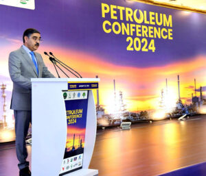 Caretaker Prime Minister Anwaar-ul-Haq Kakar addresses the participants of Petroleum Conference 2024