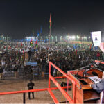 Chairman Pakistan People’s Party Bilawal Bhutto Zardari addressing public gathering during election campaign at Larkana-Mehar Bypass