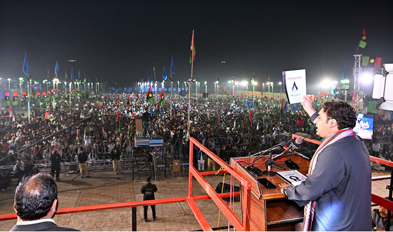 Chairman Pakistan People’s Party Bilawal Bhutto Zardari addressing public gathering during election campaign at Larkana-Mehar Bypass