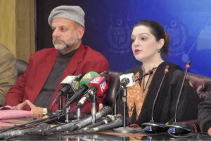 Special Assistant to Prime Minister for Human Rights and Women Empowerment Ms. Mushaal Hussein Mullick addressing a press conference with Hurriyat Leadership regarding Kashmir Solidarity Day at Media Centre, PID