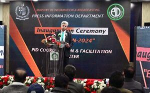 Caretaker Federal Minister for Information and Broadcasting Murtaza Solangi addressing during inauguration ceremony of "Election-2024" PID Coordination & Facilitation Center at PID.