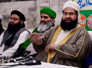 Chairman Pakistan Ullema Council & Special Assistant for interfaith Harmony, Hafiz Tahir Mehmood Ashrafi addressing a Press conference during the “Misaq-e-Pakistan Convention”. 