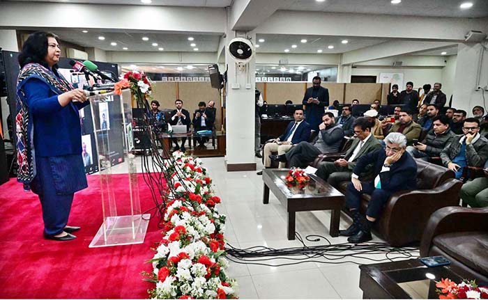 Federal Secretary Information and Broadcasting Shahera Shahid addressing during inauguration ceremony of "Election-2024" PID Coordination & Facilitation Center at PID.