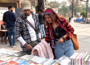 Women visiting stall during Faiz Mela at Al-Hamra