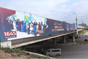 A view of banners displayed in connection with Kashmir Solidarity Day at Expressway