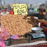 A vendor displaying walnut to attract the customers on his roadside setup at Faizabad.