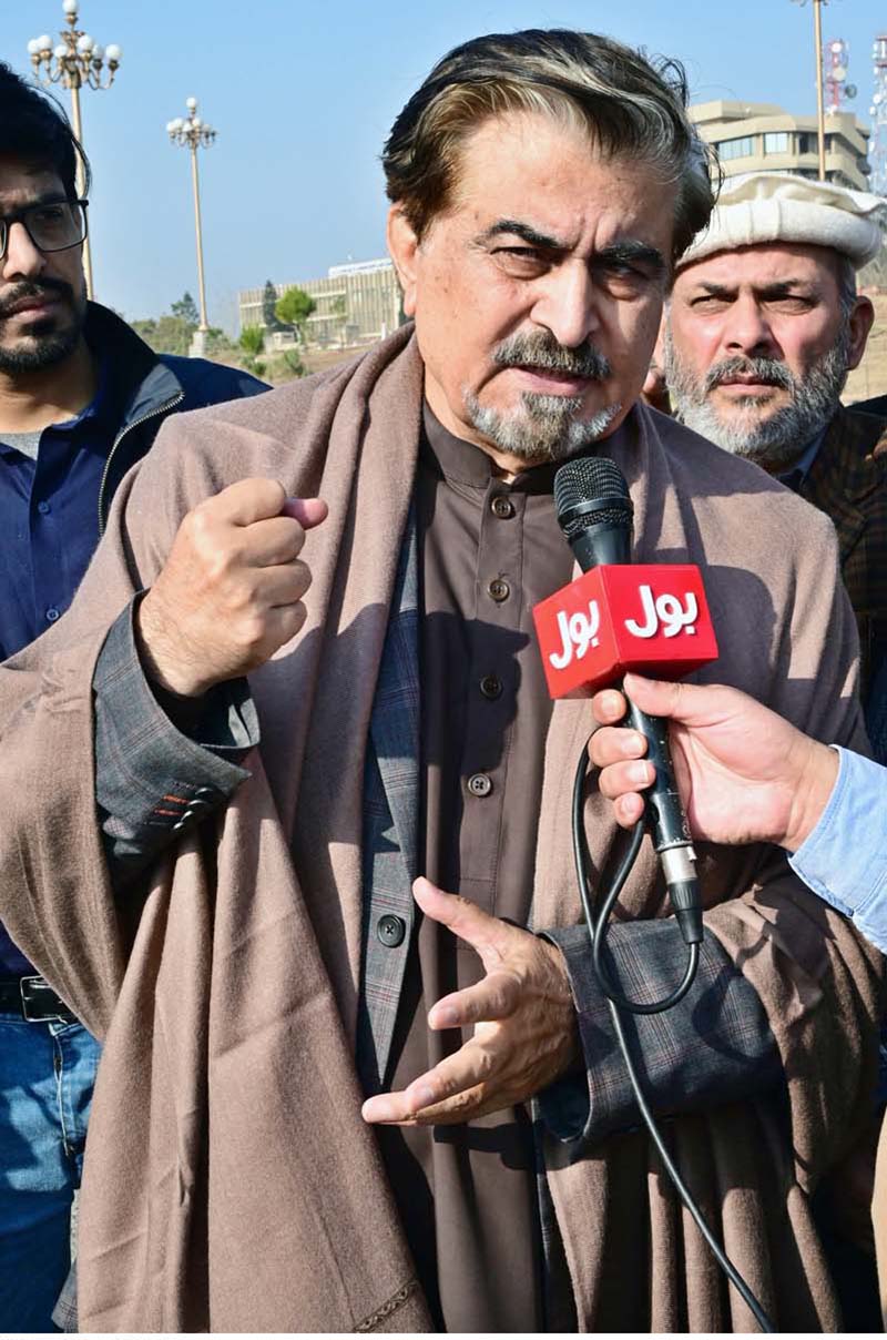 Caretaker Federal Minister of National Heritage and Culture Jamal Shah addressing to media during the Kashmir Solidarity Day Walk from Foreign Office Gate, Constitution Avenue to D-Chowk in front of Parliament House organized by Ministry of Kashmir Affairs and Gilgit-Baltistan